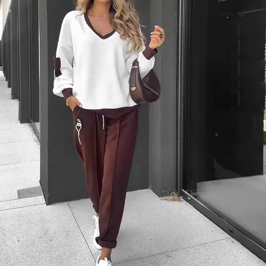 🍁NEUER HEISSER VERKAUF🔥Farbblock-Pullover mit Kapuze & Jogginghose im Set