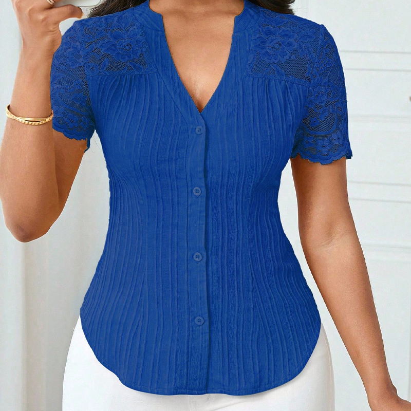 🌼LETZTER TAG – 60 % RABATT👚Sommerbluse für Damen mit V-Ausschnitt, Spitzenärmeln und Knopfleiste