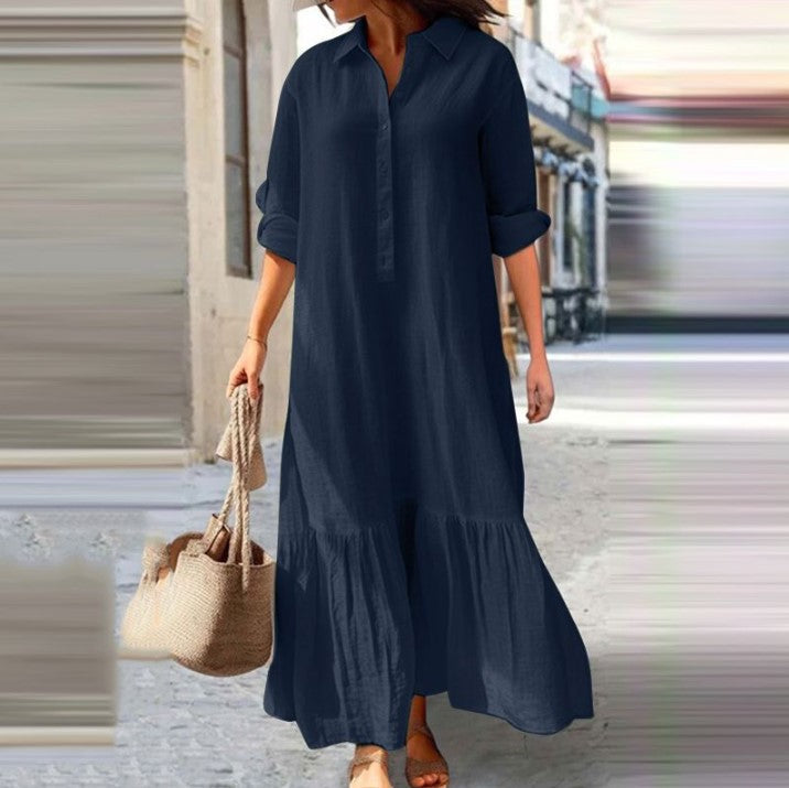 👗 ZEITLICH BEGRENZT 50% RABATT! ✨ Damen Vintage Revers-Ausschnitt Langes Kleid – Asymmetrischer Saum, Weiches Gewebe, Zeitloser Stil 🌸