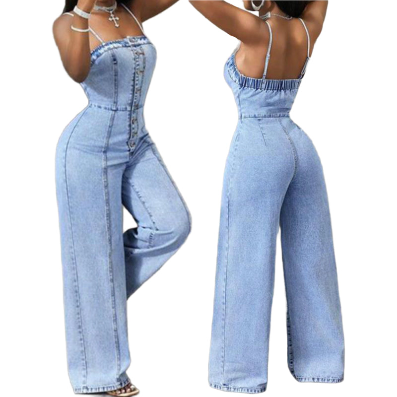 đ 50% RABATT! âš DamenâJeansoverall mit SpaghettitrĂ€gern und weitem Bein â LĂ€ssiger Sommerlook