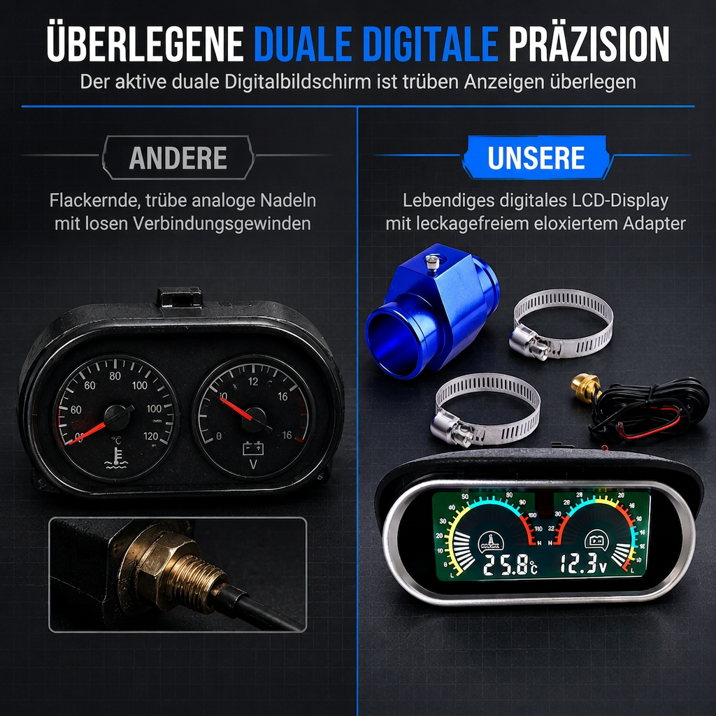 📢📢50% RABATT !!⏰Universelles 12V 24V Horizontal-LCD-Anzeigegerät für elektronische Wassertemperatur und Spannung, mit 32mm T-Stück-Adapter