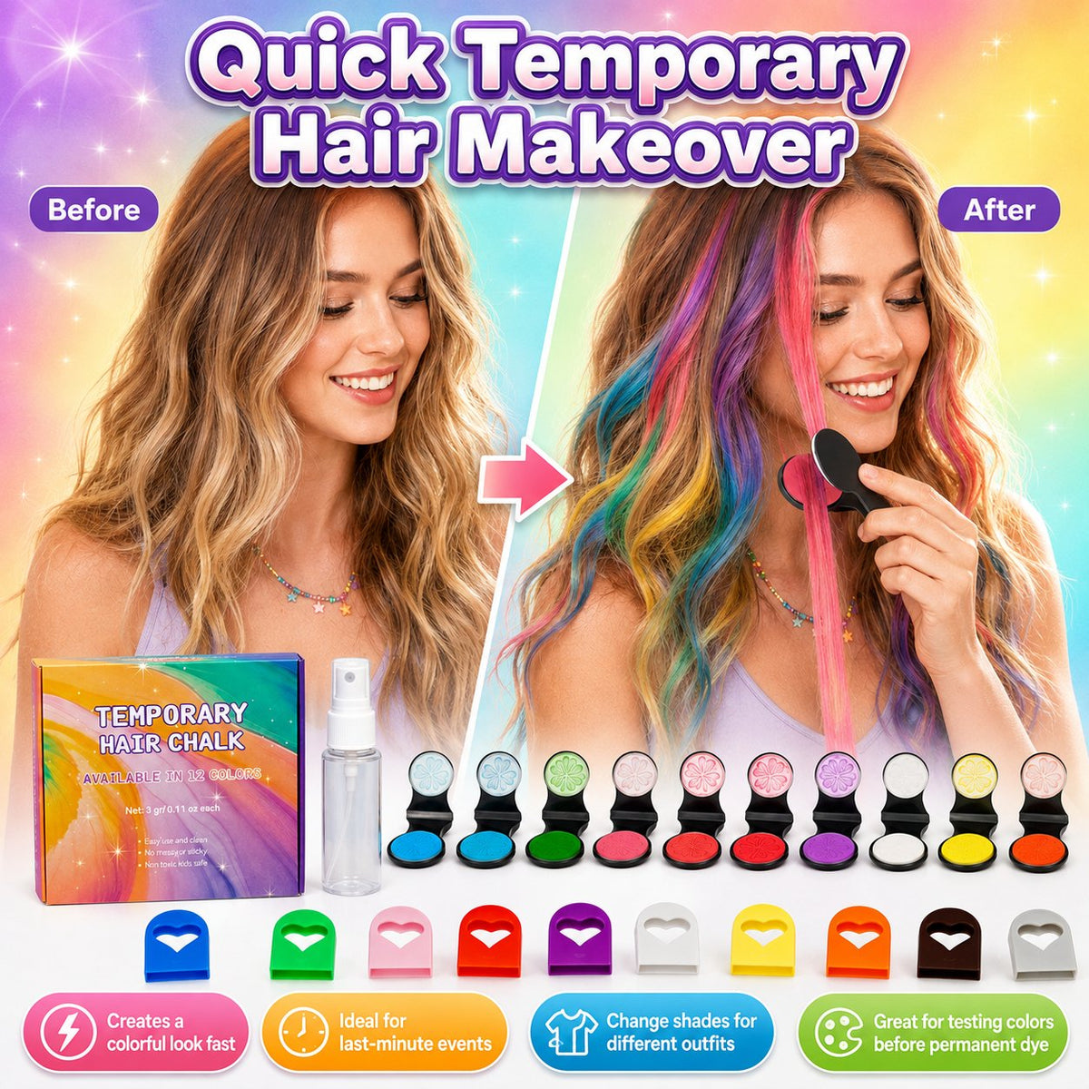 🎨 Temporäre Haarkreide mit Applikator 12 Farben
