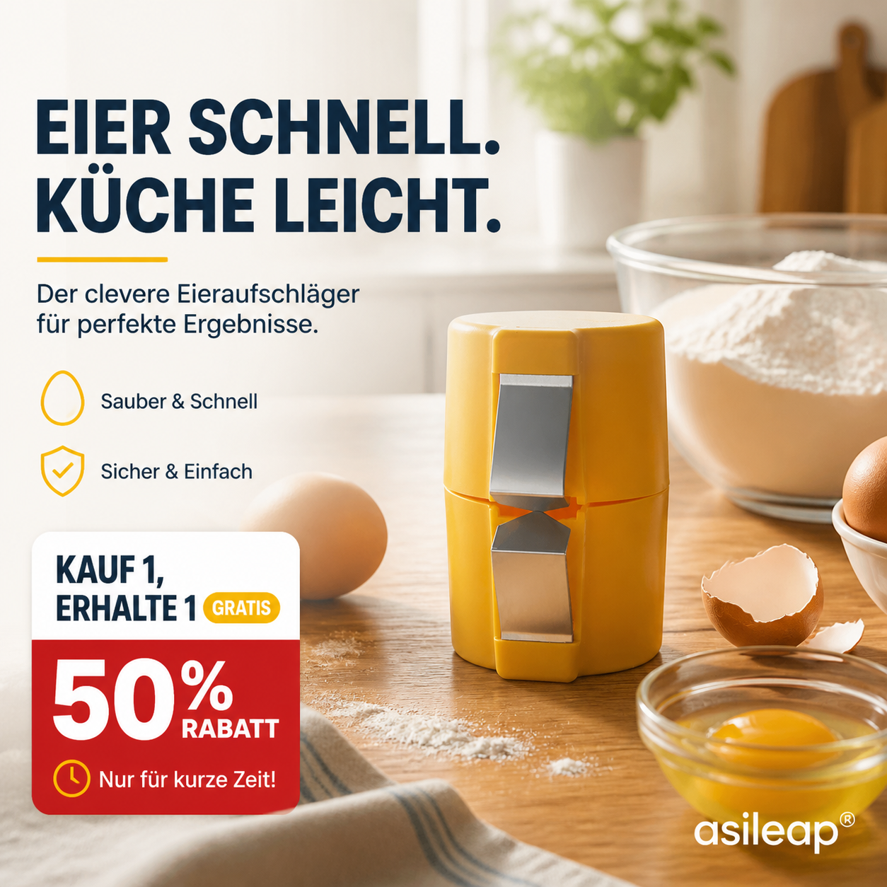 🍳 50 % Rabatt – 2-in-1 Eierknacker & Eigelb-Separator – hygienisch, einfach in der Handhabung & vielseitig für rohe und gekochte Eier 🥚