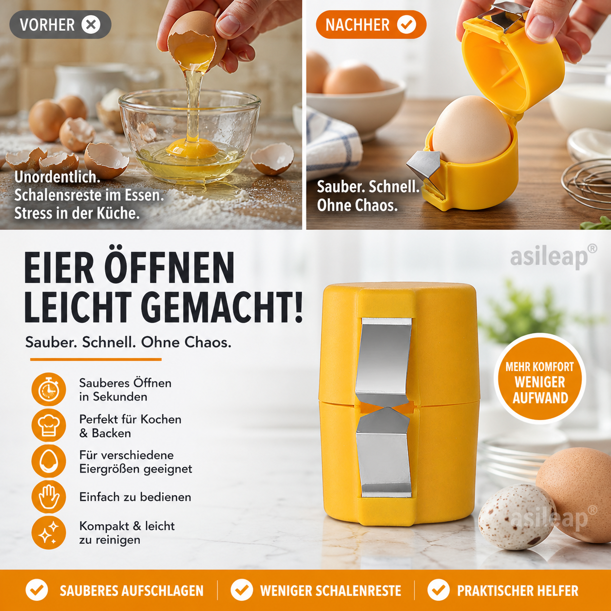 🍳 50 % Rabatt – 2-in-1 Eierknacker & Eigelb-Separator – hygienisch, einfach in der Handhabung & vielseitig für rohe und gekochte Eier 🥚