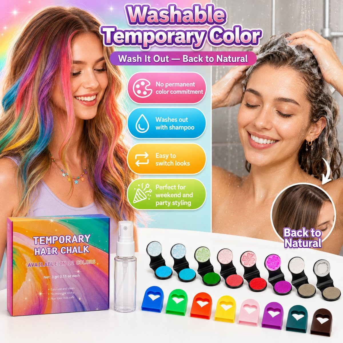 🎨 Temporäre Haarkreide mit Applikator 12 Farben