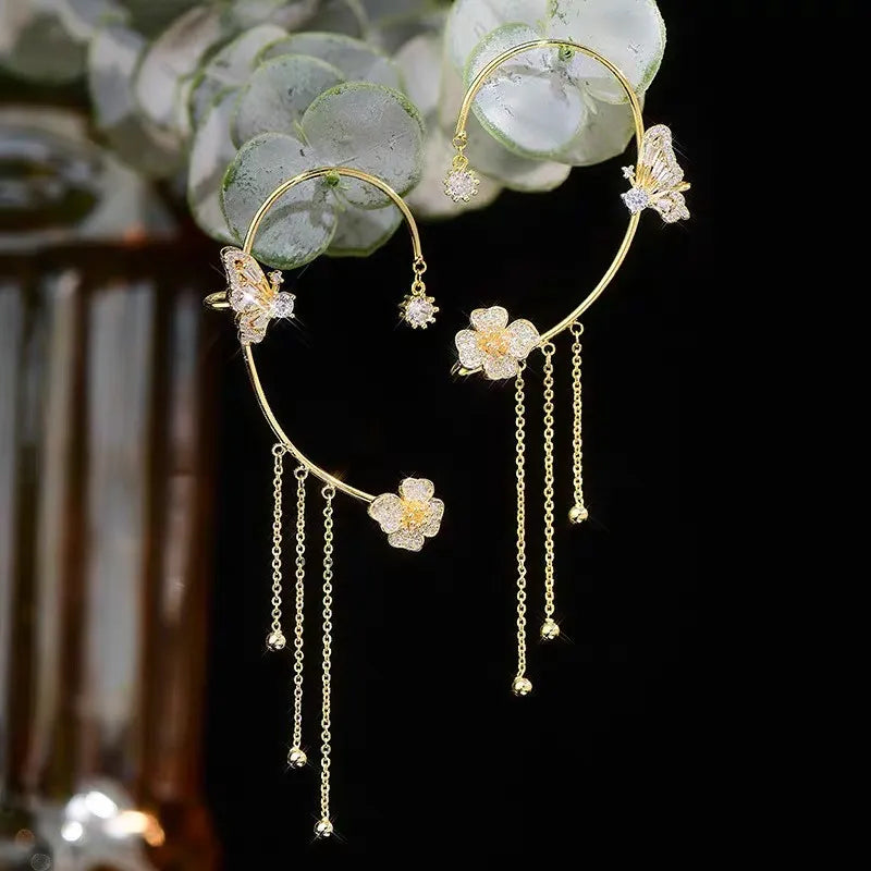 💕Schlichte Ohrclips mit Schmetterlings- und Blumenmotiv & Quasten – Elegant & bequem, ohne Ohrloch 🌸🦋