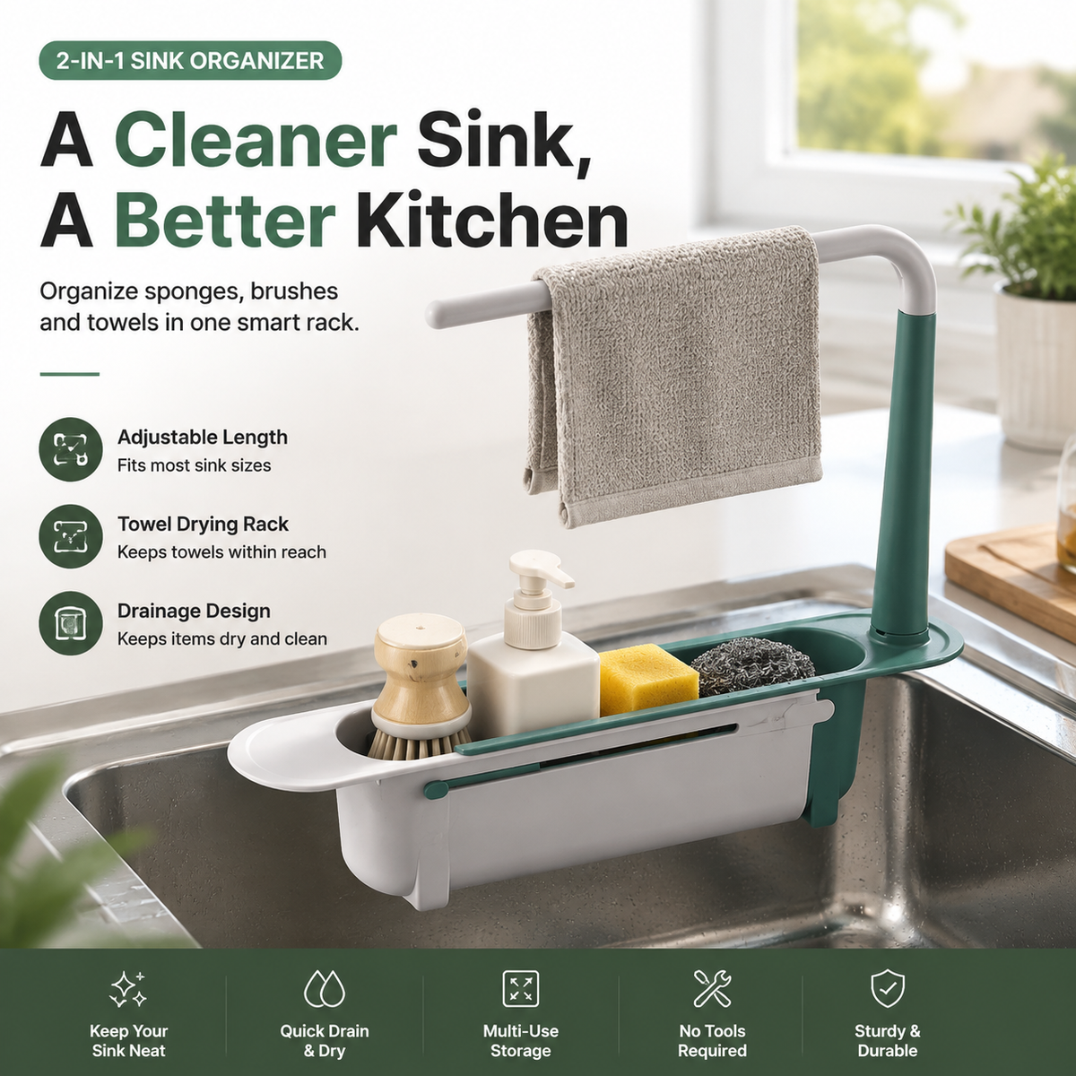 🚰 50% RABATT! 🧽 2-in-1 Spülbecken-Organizer – Ausziehbar mit Handtuchhalter ✨