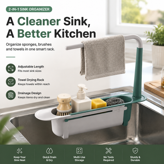 🚰 50% RABATT! 🧽 2-in-1 Spülbecken-Organizer – Ausziehbar mit Handtuchhalter ✨