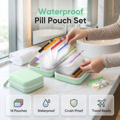 🥳2026 HEISSVERKAUF🥳💞50K+ VERKAUFT!💊🧳 50% RABATT! A8 Wasserdichtes Pillen-Beutel-Set – 14 farbcodierte Beutel, wasserdichte & bruchsichere Hülle. Für 7–14 Tage Medikamente – perfekt für Reisen & den Alltag! 🗓️✨