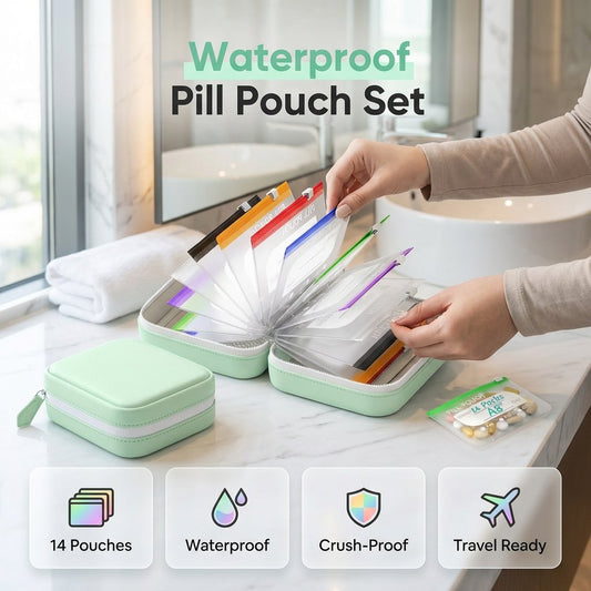 🥳2026 HEISSVERKAUF🥳💞50K+ VERKAUFT!💊🧳 50% RABATT! A8 Wasserdichtes Pillen-Beutel-Set – 14 farbcodierte Beutel, wasserdichte & bruchsichere Hülle. Für 7–14 Tage Medikamente – perfekt für Reisen & den Alltag! 🗓️✨