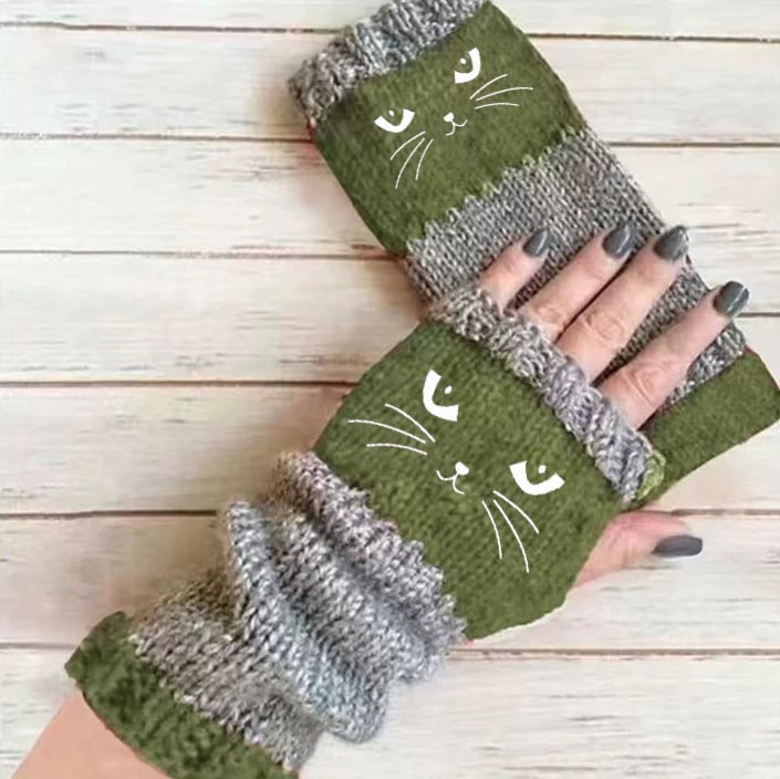 🔥Warm und kuschelig🧤Damen-Strickhandschuhe ohne Finger mit süßem Katzenmuster🐱