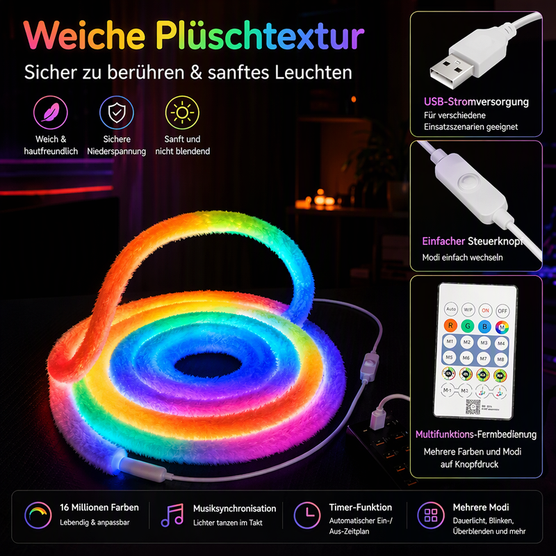 ✨ 50% RABATT! 🌟 Neon-Lichtband in Marderfell-Optik – 360° Rundumbeleuchtung ✨