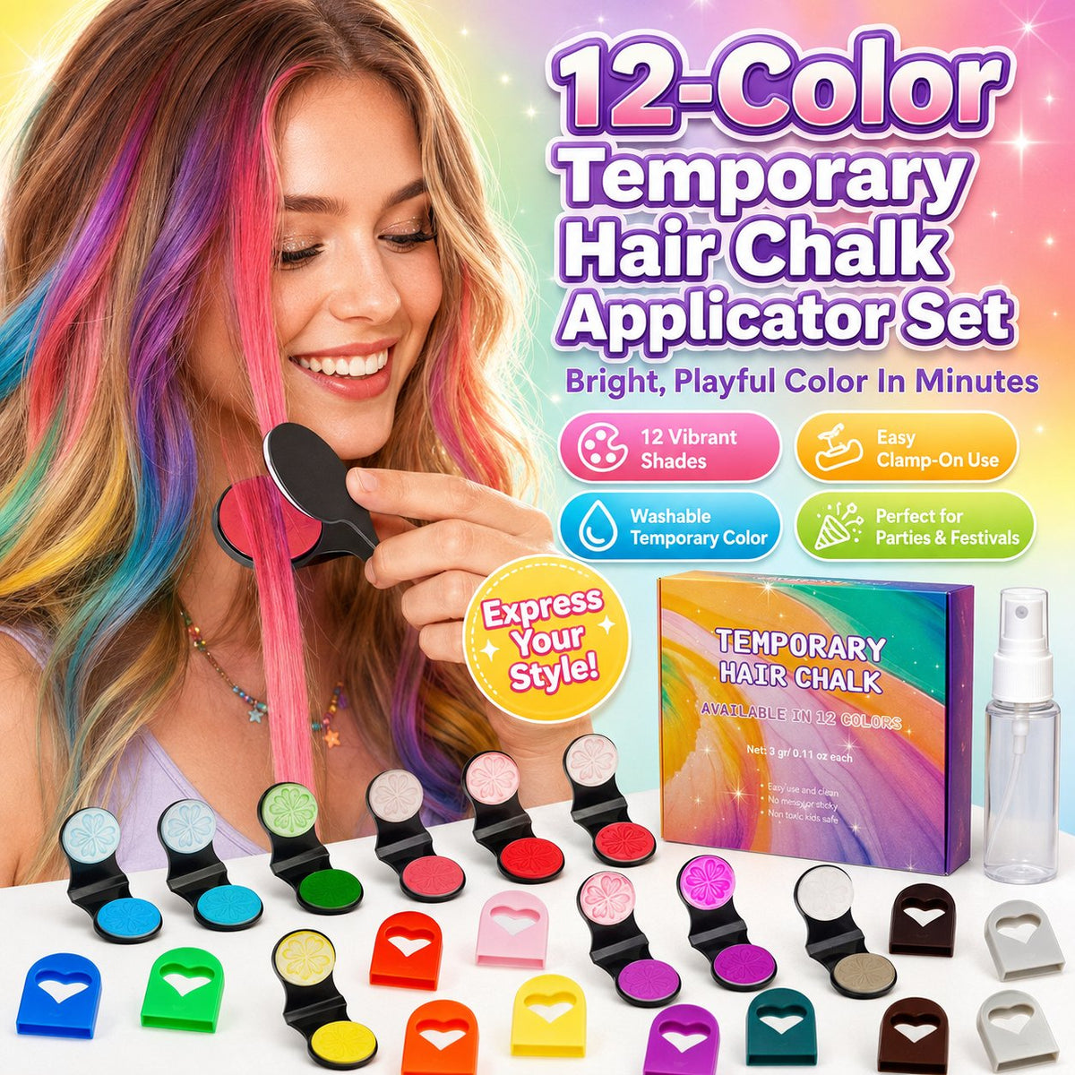 🎨 Temporäre Haarkreide mit Applikator 12 Farben