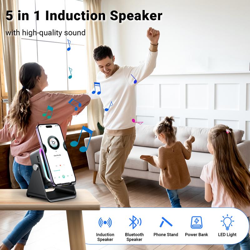 🔥Begrenzten 50%-Rabatts!🔥 5-in-1 Kabelloser Bluetooth-Lautsprecher mit Induktionsfunktion und verstellbarer Handyhalterung