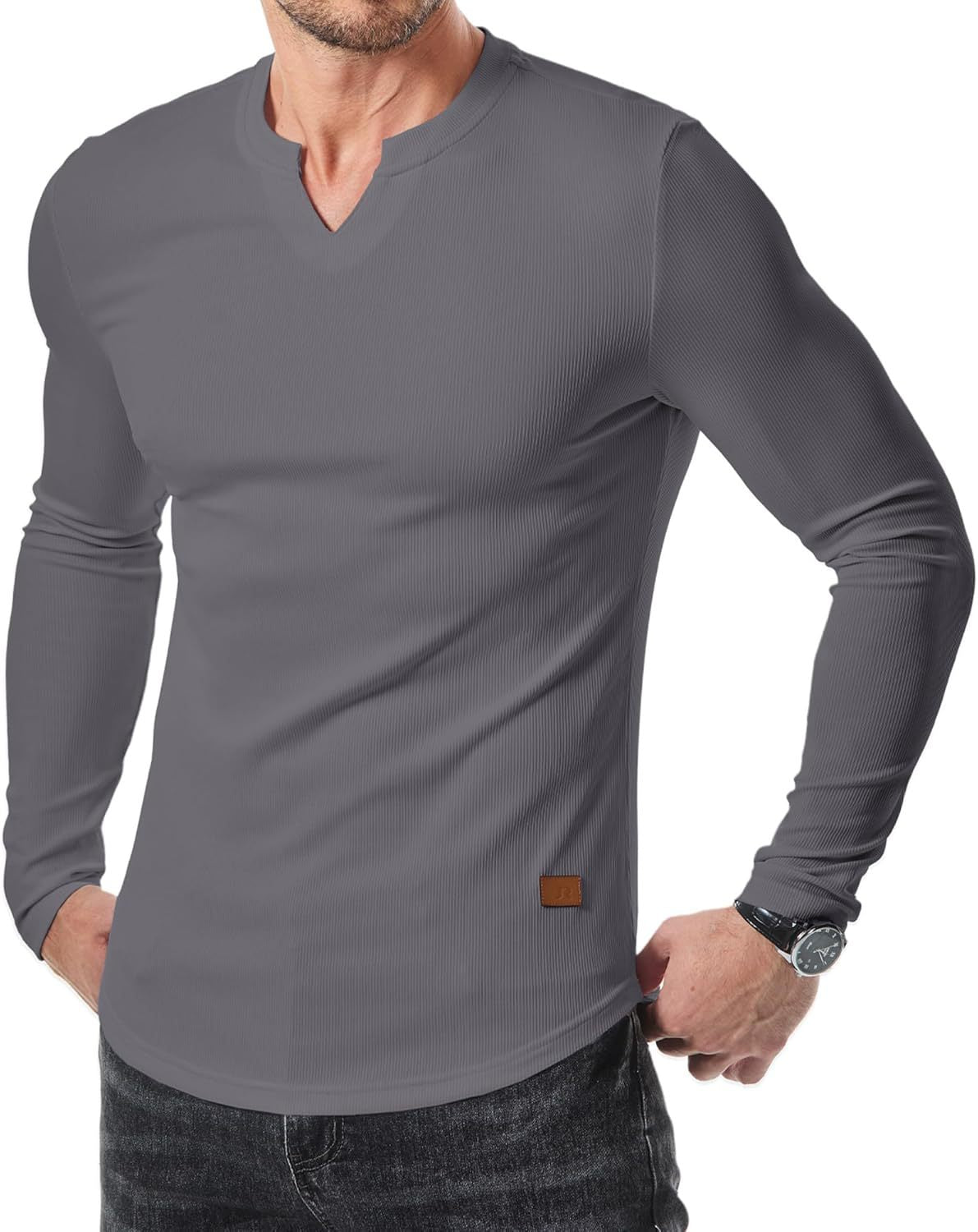 Ripp-Langarmshirt mit V-Ausschnitt für Fitness, Training & Sport