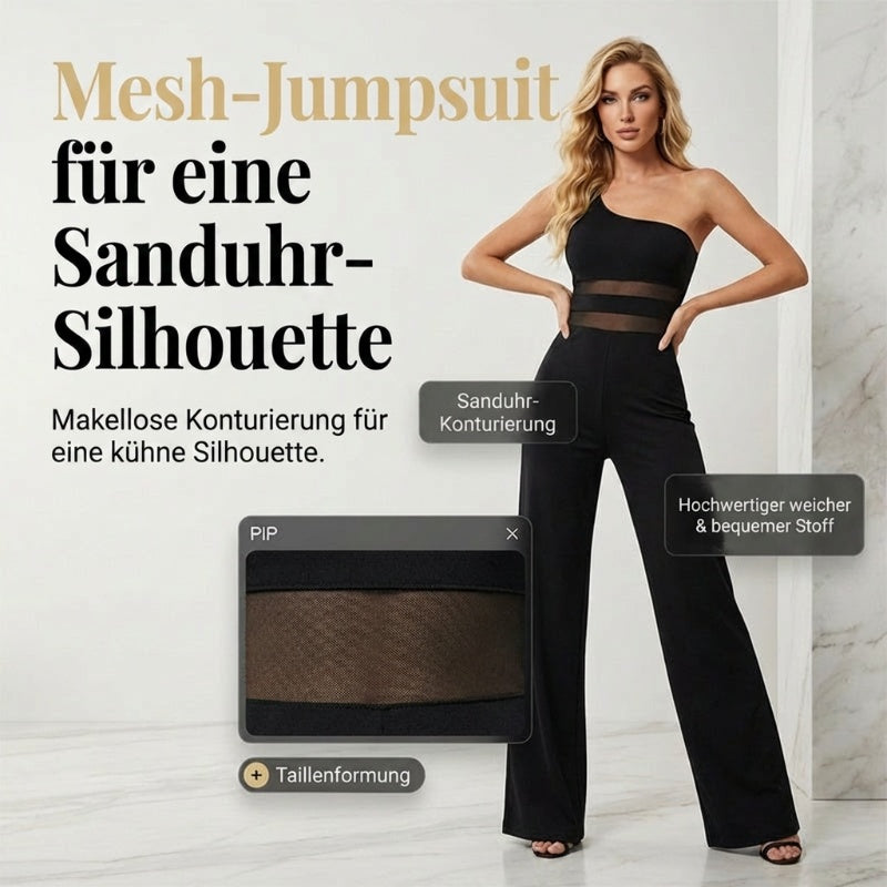 🔥Solange der Vorrat reicht 40 % Rabatt!🎉One-Shoulder Jumpsuit mit weitem Bein und Netzeinsatz