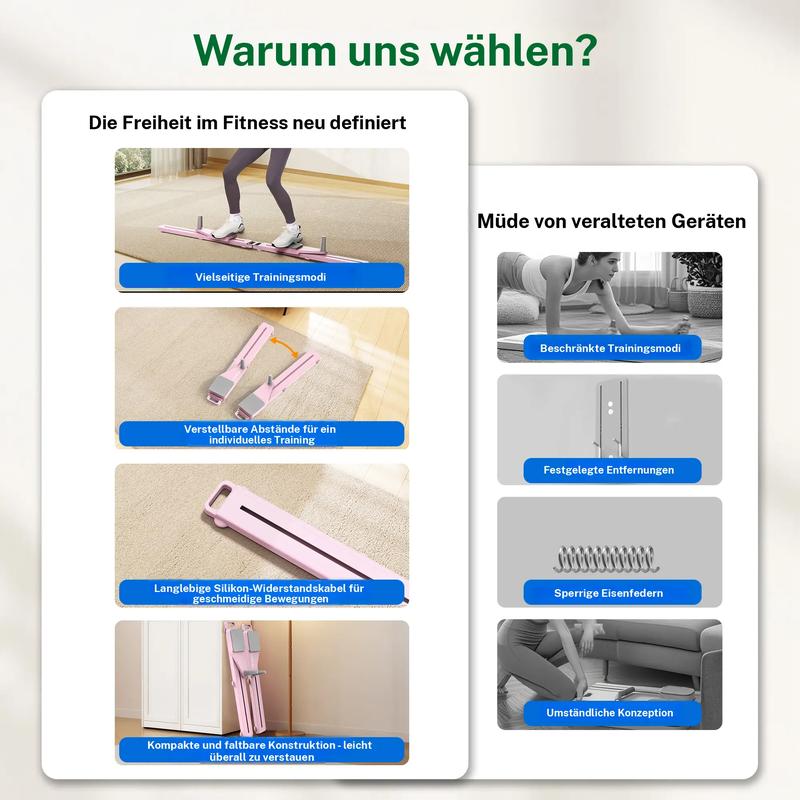 Multifunktionale Pilates-Reformer-Falttafel mit Knie-Timer und Widerstandsbändern für zu Hause für Bauch, Rücken, Schultern und Beinübungen