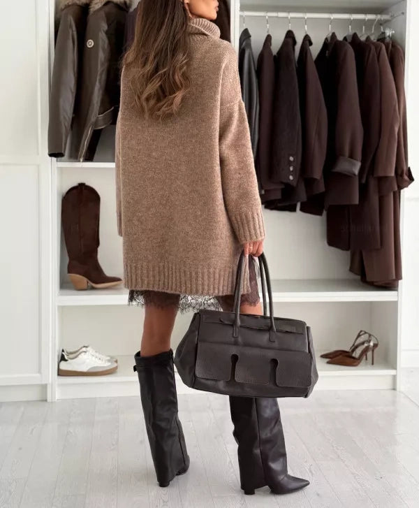 Damen zweiteiliges Set: Pulloverkleid mit Rollkragen und Unterkleid