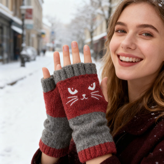 🔥Warm und kuschelig🧤Damen-Strickhandschuhe ohne Finger mit süßem Katzenmuster🐱