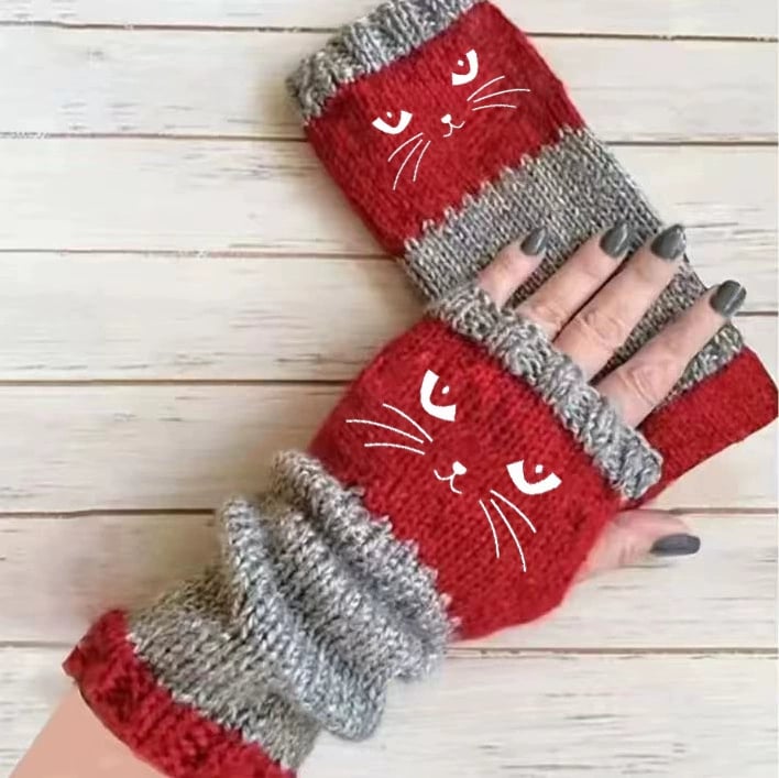 🔥Warm und kuschelig🧤Damen-Strickhandschuhe ohne Finger mit süßem Katzenmuster🐱