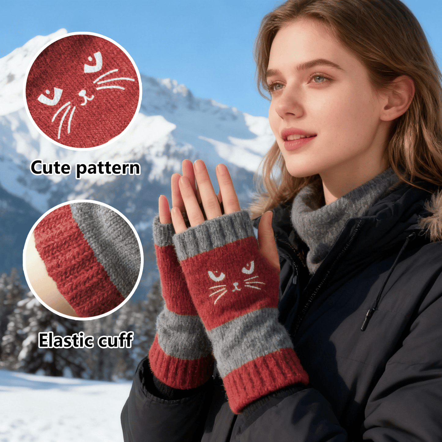 🔥Warm und kuschelig🧤Damen-Strickhandschuhe ohne Finger mit süßem Katzenmuster🐱