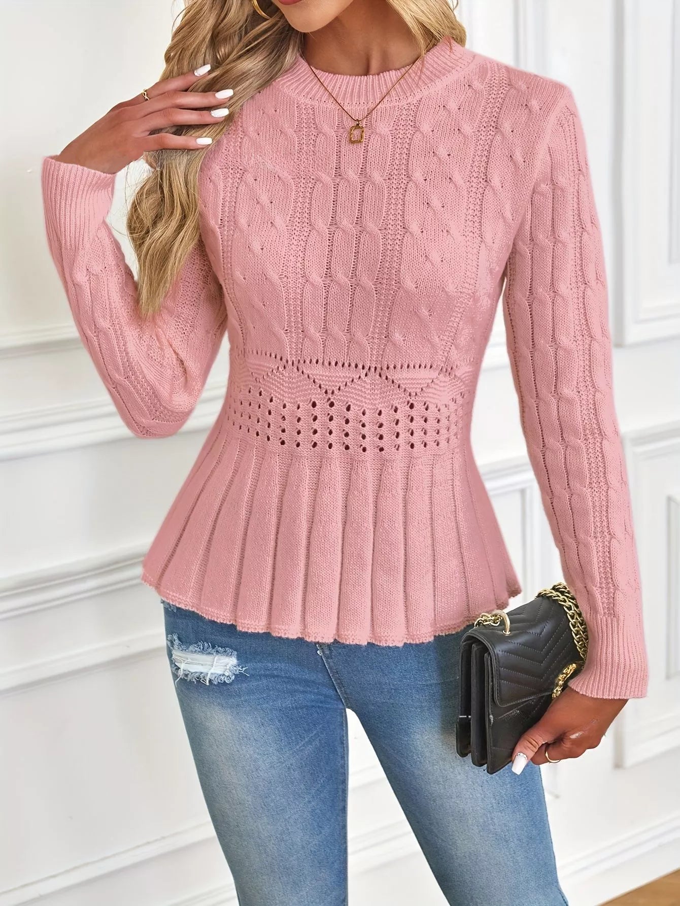 🎅🔥Kauf 2 Artikel versandkostenfrei⏳Damen Pullover mit grobem Strick, Rundhalsausschnitt und Peplum-Saum