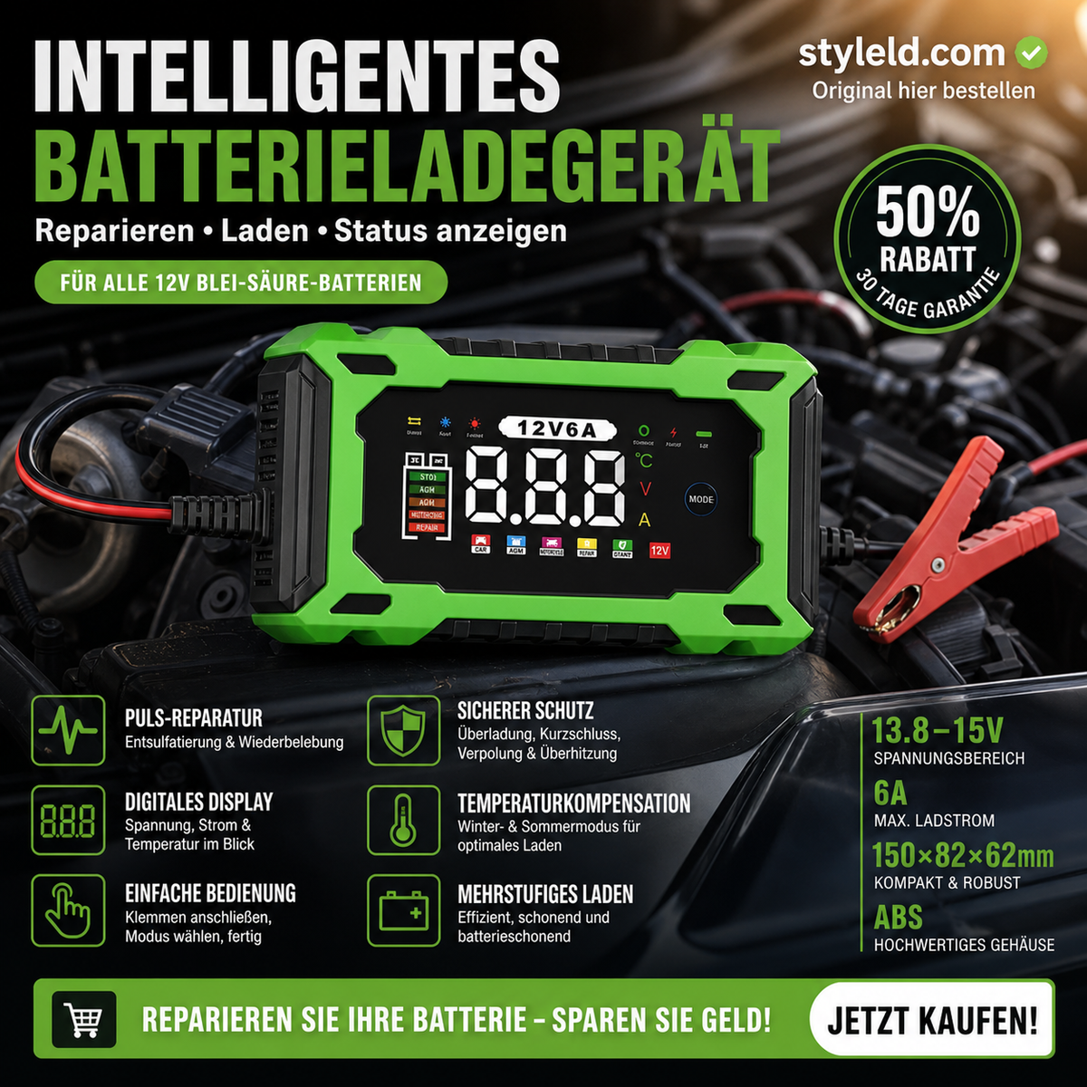 🔥Zeitlich begrenztes Angebot-Intelligentes 12-V-Autoladegerät mit 6 A und Impulsreparaturfunktion