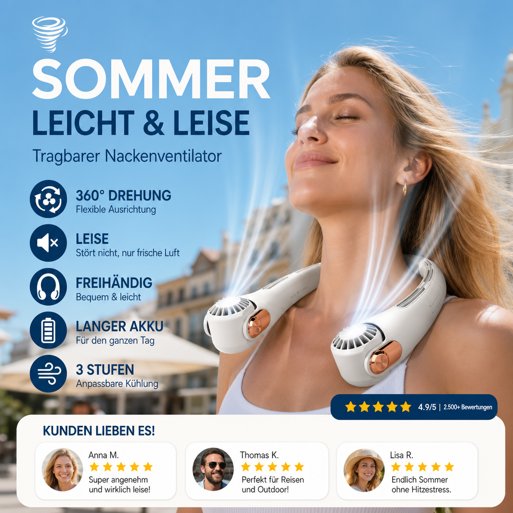 🏆Über 50.000 verkauft!💞 50 % RABATT! 🏖️ ChillGo™ 🍃 Hals-Klimaanlage – Ultra-leise, 360° drehbar, 3 Stufen. Freihändiges Kühlen, langer Akku. Der unverzichtbare Begleiter für den Sommer! 😎🌬️