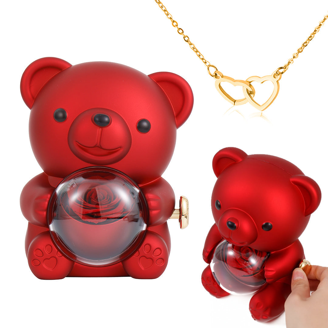 💝 50% RABATT! 🌹 Niedliches Teddybär-Set mit konservierter Rose – Komplettset (Halskette, Ewige Rose, Bär), Einzigartiges Geschenk & Romantisch 🧸