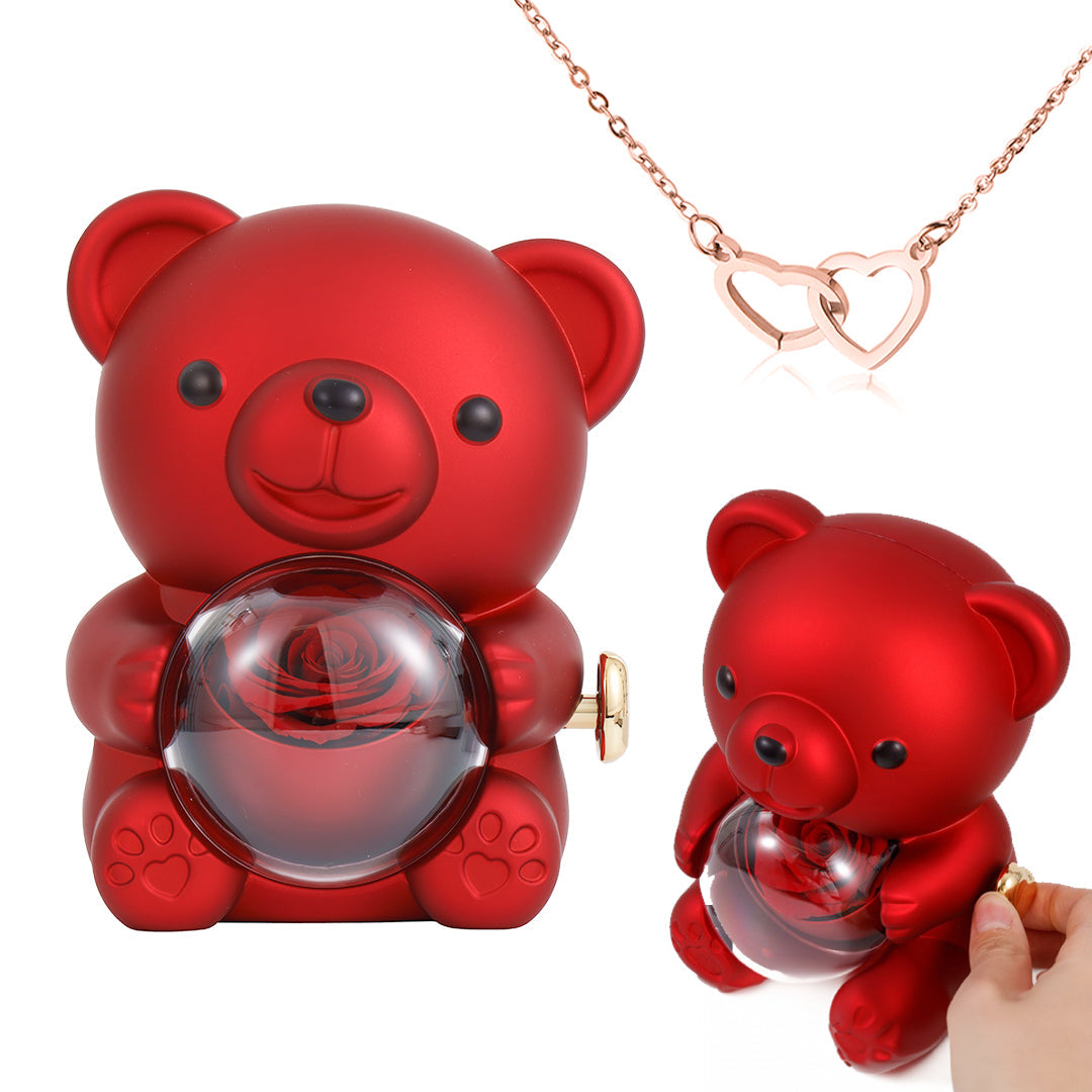 💝 50% RABATT! 🌹 Niedliches Teddybär-Set mit konservierter Rose – Komplettset (Halskette, Ewige Rose, Bär), Einzigartiges Geschenk & Romantisch 🧸