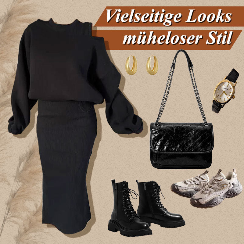 🍂Damen-Set mit Sweatshirt mit schrägen Schultern und ärmellosem Kleid🌸
