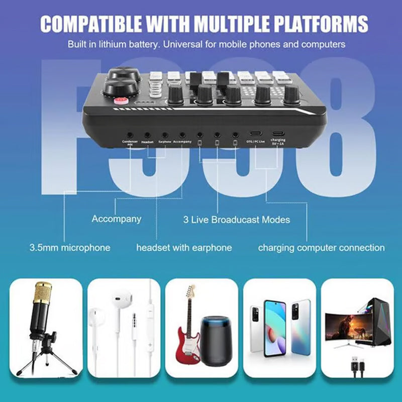 F998 Live-Soundkarte, Audio-Mixer, Podcast-Audioschnittstelle mit DJ-Mixer-Effekten, Stimmverzerrer mit Soundeffekten für Karaoke, Live-Streaming, Gaming-Aufnahmen