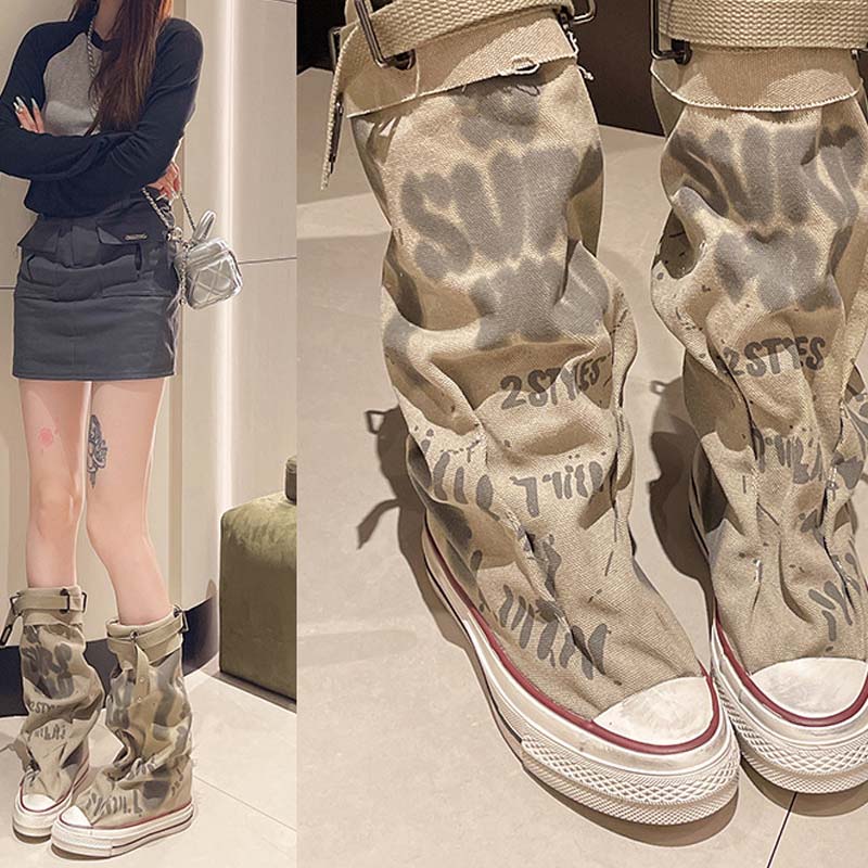 💗LETZTER TAG AKTION - 76% RABATT💗Flache Retro-Stiefel aus Canvas mit mittlerem Schaft für Damen