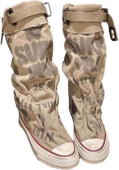 💗LETZTER TAG AKTION - 76% RABATT💗Flache Retro-Stiefel aus Canvas mit mittlerem Schaft für Damen
