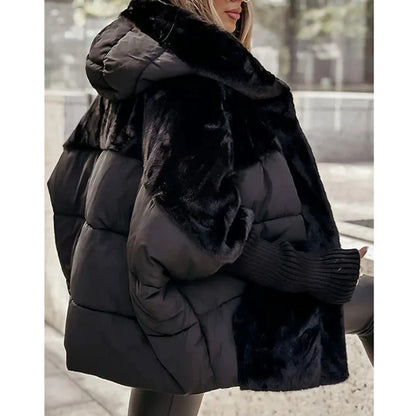 Damen Oversized Pufferjacke mit Kapuze im Patchwork-Design