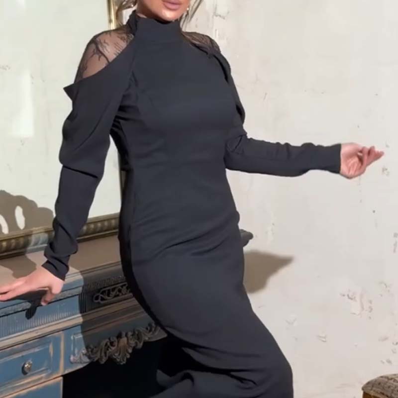 👗Damen elegantes Midikleid mit Stehkragen und Spitzen-Detail am Rücken