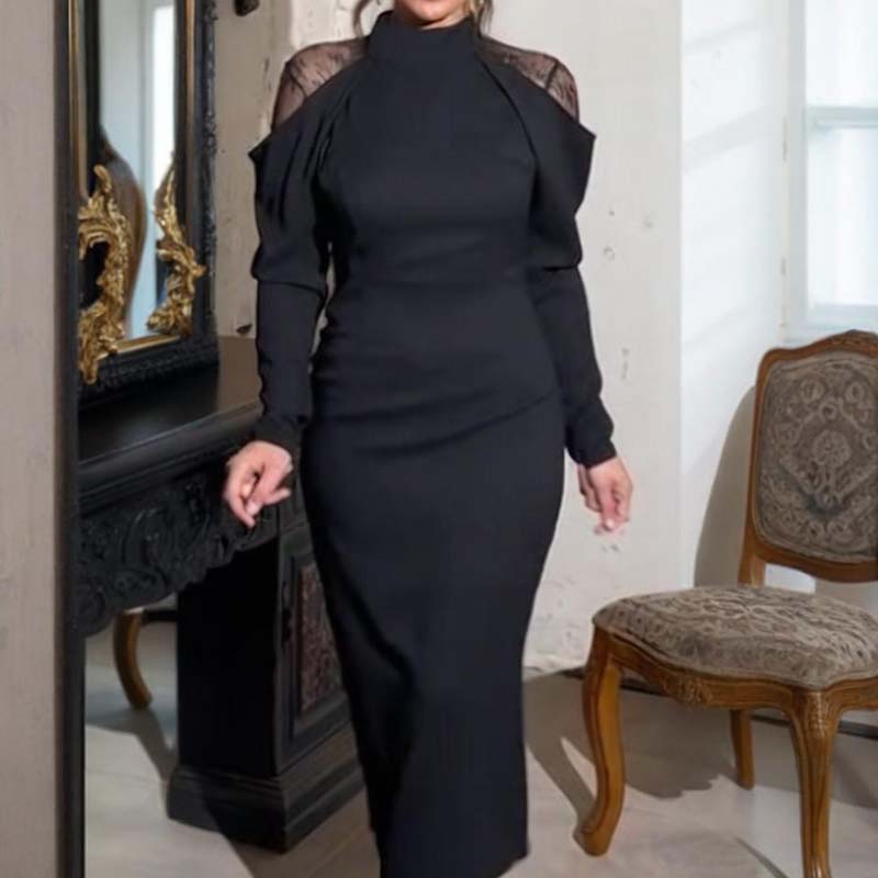 👗Damen elegantes Midikleid mit Stehkragen und Spitzen-Detail am Rücken