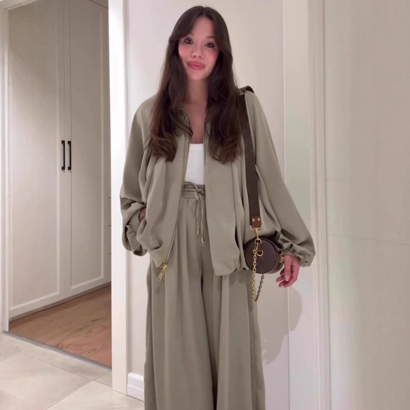 Damen lockeres Set: Jacke mit Reißverschluss & Weitbeinhose