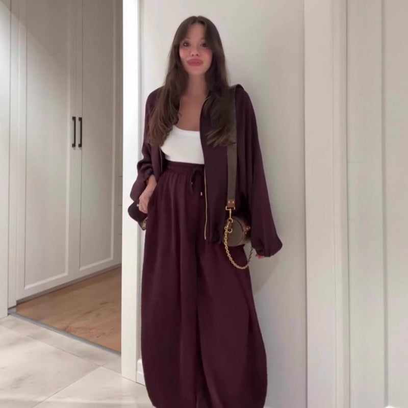 Damen lockeres Set: Jacke mit Reißverschluss & Weitbeinhose