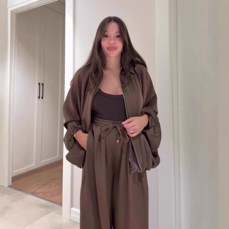 Damen lockeres Set: Jacke mit Reißverschluss & Weitbeinhose