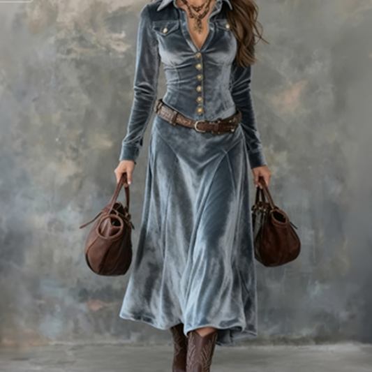 Damen Maxikleid aus Kunstsamt mit langen Ärmeln🔥Kostenloser Versand