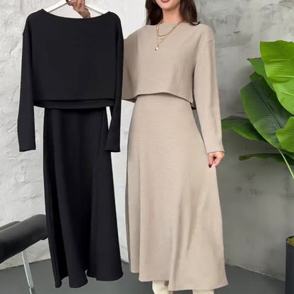 🔥Neuheiten Sonderangebot – 2-teiliges Strick-Outfit für Damen: Midikleid mit Spaghettiträgern und bauchfreies Oberteil🚛Kostenloser Versand