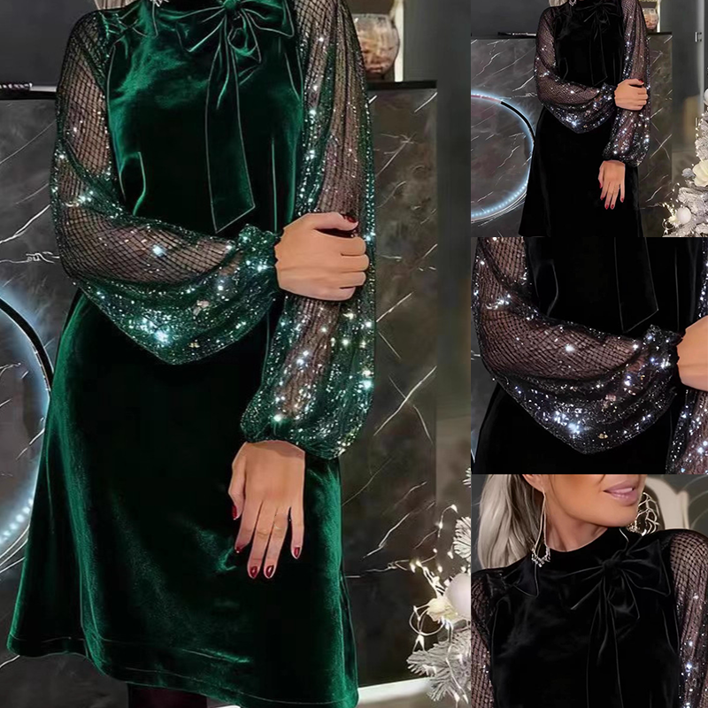 ⌛ Nur noch 3 Tage – 50 % auf alles! ⏰Damen Paillettenkleid mit Schleife am Kragen