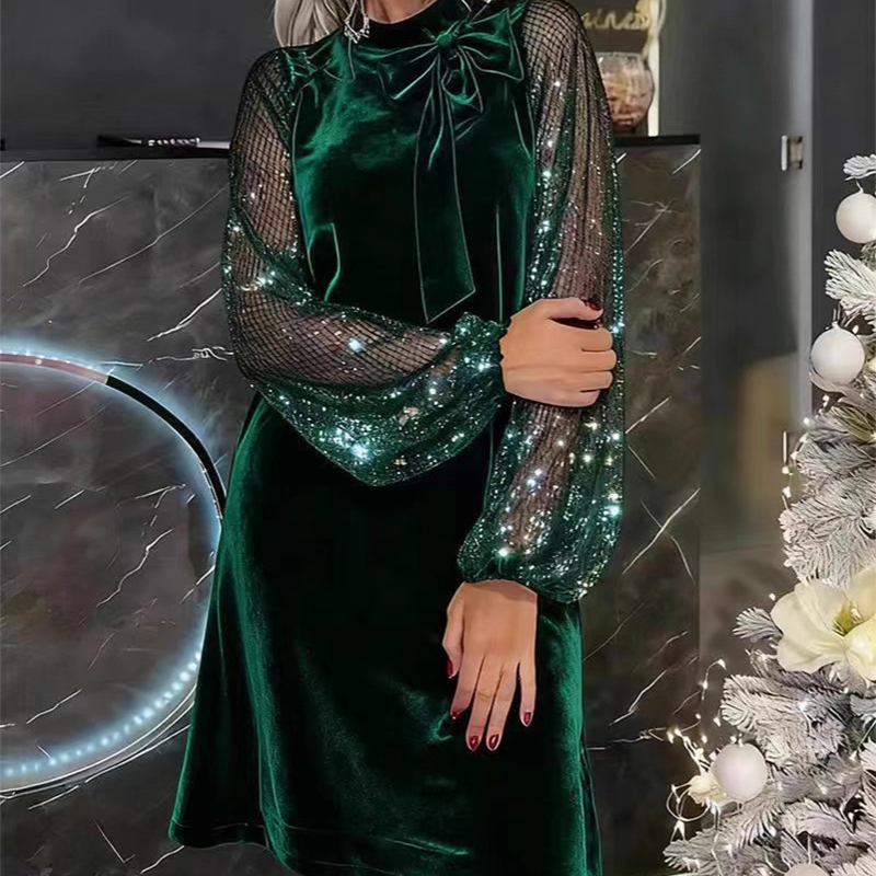 ⌛ Nur noch 3 Tage – 50 % auf alles! ⏰Damen Paillettenkleid mit Schleife am Kragen