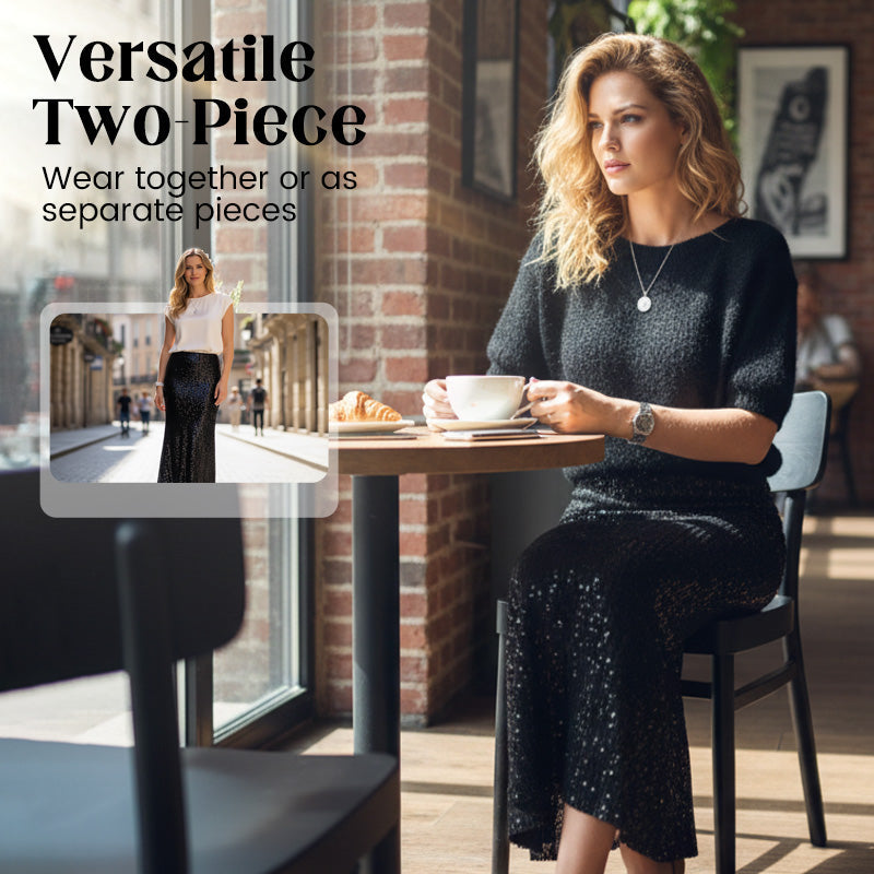 ✨Neujahrs-Sonderangebot 2026👚Zweiteiliges Set für Damen: Strickoberteil und Paillettenrock💕