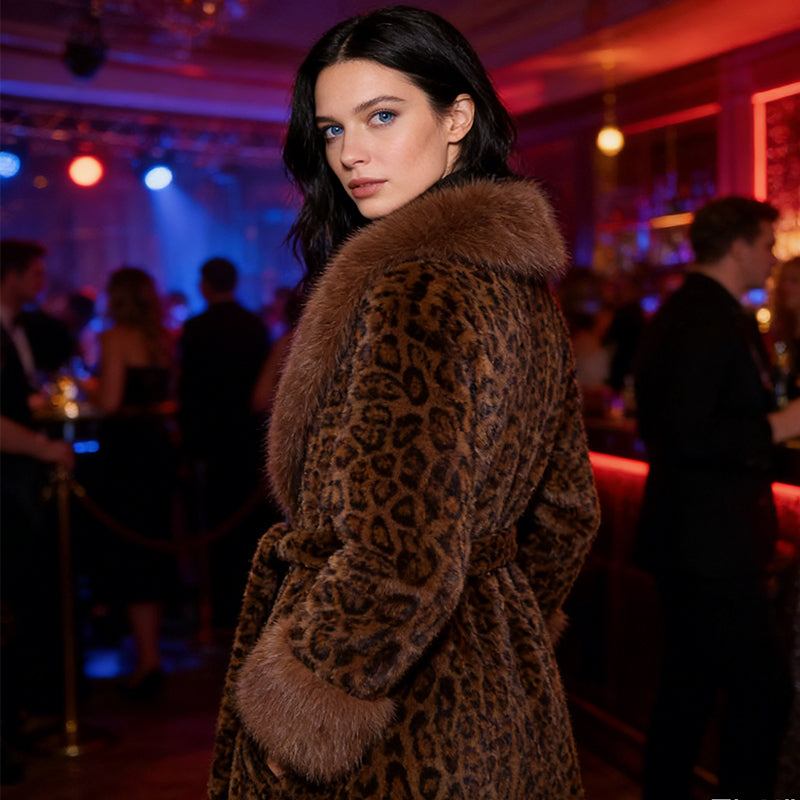 ✨🎅Weihnachtsangebote – Nur für kurze Zeit!⏰Damens Leopardenmuster-Mantel aus kuscheligem Kunstpelz mit Gürtel🧥