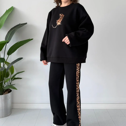 🎉 Neujahrsgeschenk – 50% RABATT!🔥 Damen 2-teiliges Casual-Set (mit Leopardenprint-Akzent) – Oversized & Bequem: Nie wieder Outfit-Stress!