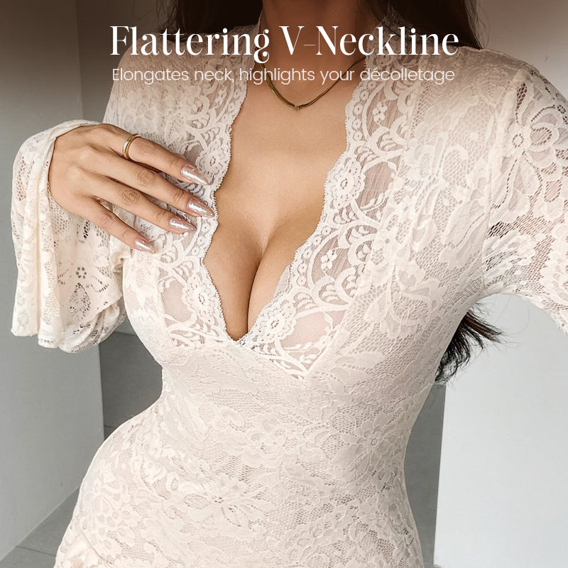 🎁Neuheiten 2026 – 49 % reduziert!💥 Elegantes Spitzenkleid mit V-Ausschnitt und Rüschenbesatz