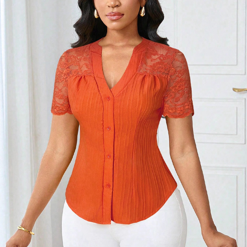 🌼LETZTER TAG – 60 % RABATT👚Sommerbluse für Damen mit V-Ausschnitt, Spitzenärmeln und Knopfleiste