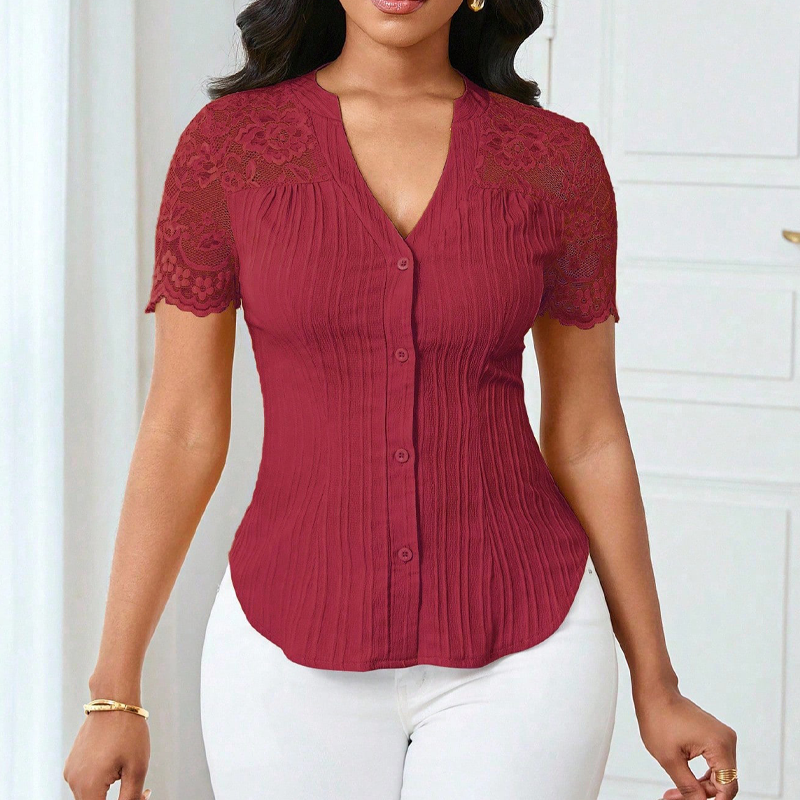 🌼LETZTER TAG – 60 % RABATT👚Sommerbluse für Damen mit V-Ausschnitt, Spitzenärmeln und Knopfleiste